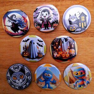 8 Halloween Button Pins 2.25"/58mm Hand Crafted Custom Art Badge Unisex